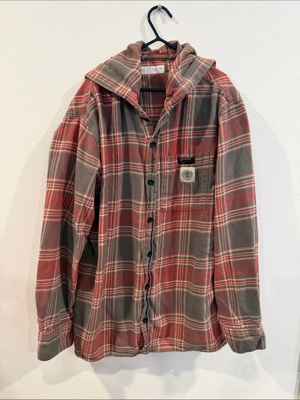 Zara Red & Gray Plaid Hooded Shirt Jacket
